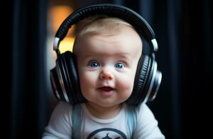 ai-generated-a-baby-in-headphones-wearing-earplugs-is-looking-surprised-free-photo